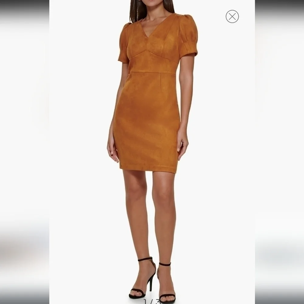 DKNY V-Neck Puff Sleeve Faux Suede Sheath Dress in pecan size 4